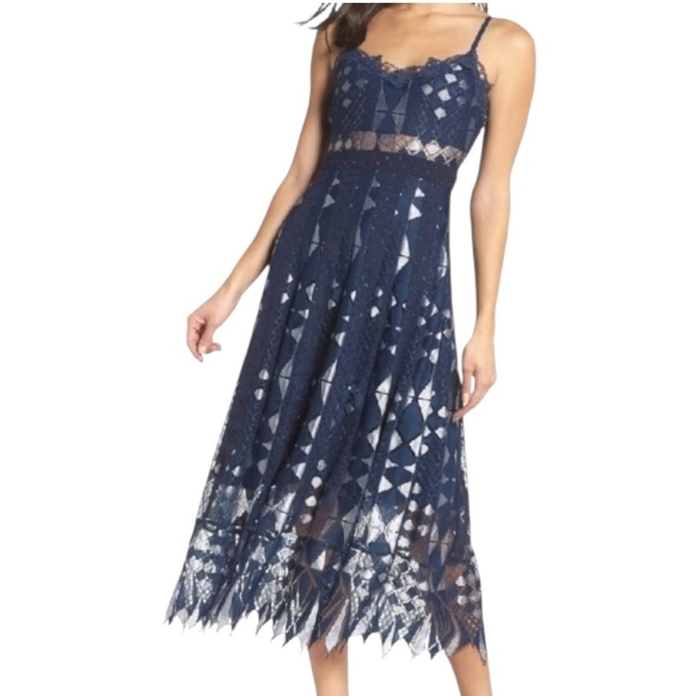 Foxiedox Dress Women Medium Blue Silver Lace‎ Bravo Zulu Midi Party Cocktail